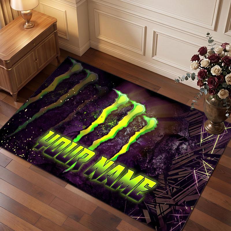Monster Energy Personalized Crystal Velvet Carpet, Customized Name Text Soft Anti‑Slip Rug for Living Room Bedroom