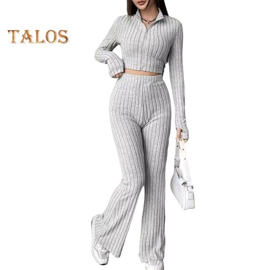 2 шт./комплект женский весенний наряд для поездок на работу топ расклешенные брюки комплект застежка-молния воротник стойка пальто высокая талия спортивный костюм эластичная повседневная одежда