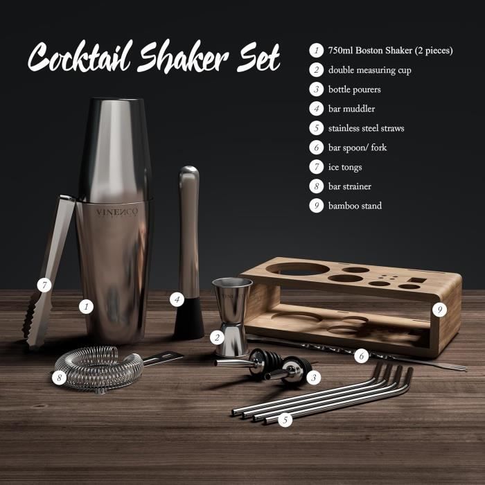 Kit cocktail - vinenco - shaker boston 750 ml - 10 pièces - inox brossé - coffret cadeau élégant