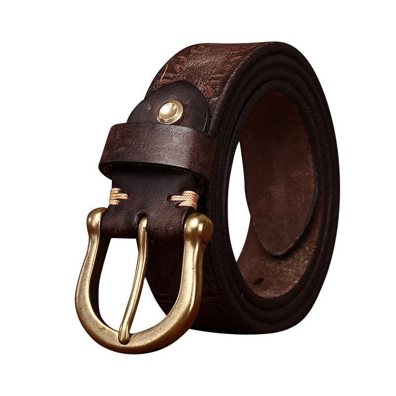 Thickened Extra Thick Personalized Engraved Retro Matte First Layer Cowhide Belt Men'S Genuine Leather Horseshoe Buckle Casual Denim Belt