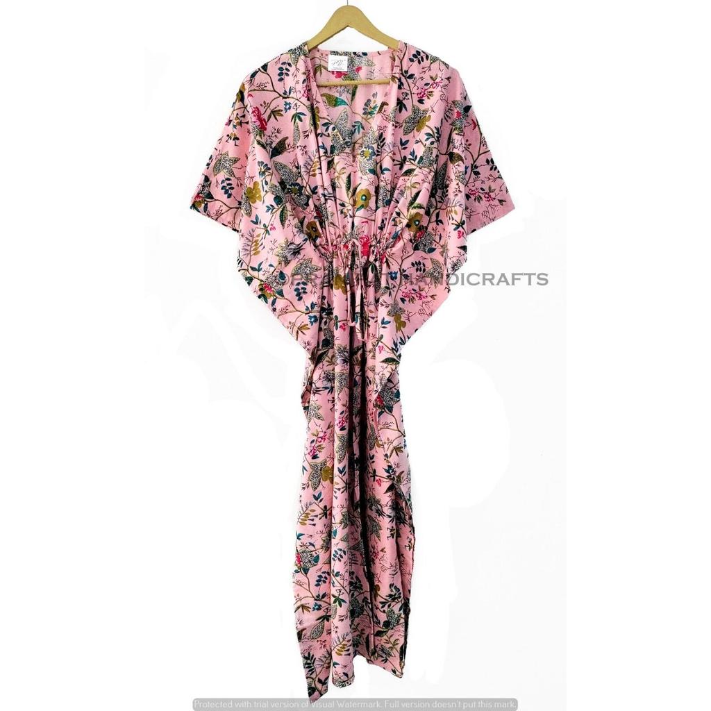 Длинное индийское персиковое платье с цветочным принтом из хлопка в стиле хиппи, макси, женская ночная рубашка, платье-кафтан CKFTN-SCRN-FULL-BUYIT-143