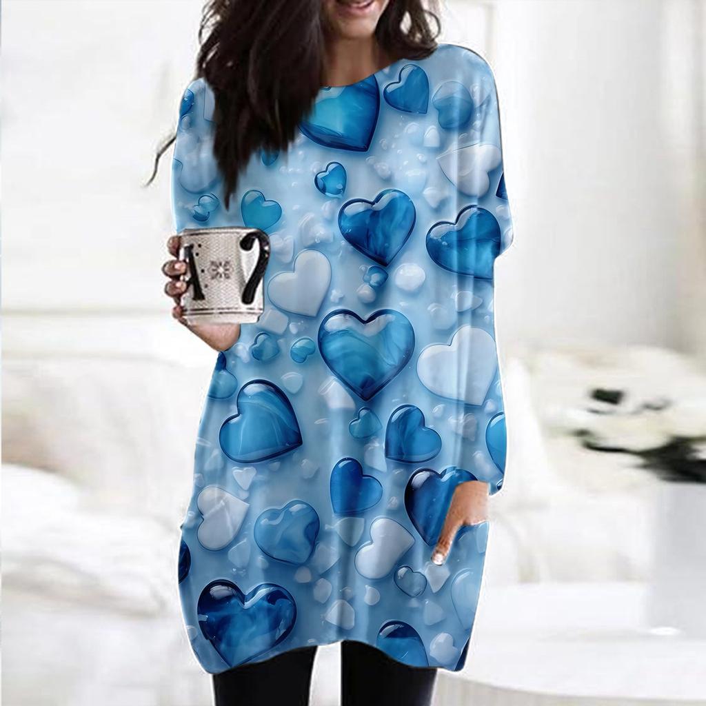 Женский модный повседневный топ с длинным рукавом и круглым вырезом ко Дню святого Валентина с принтом в виде сердца