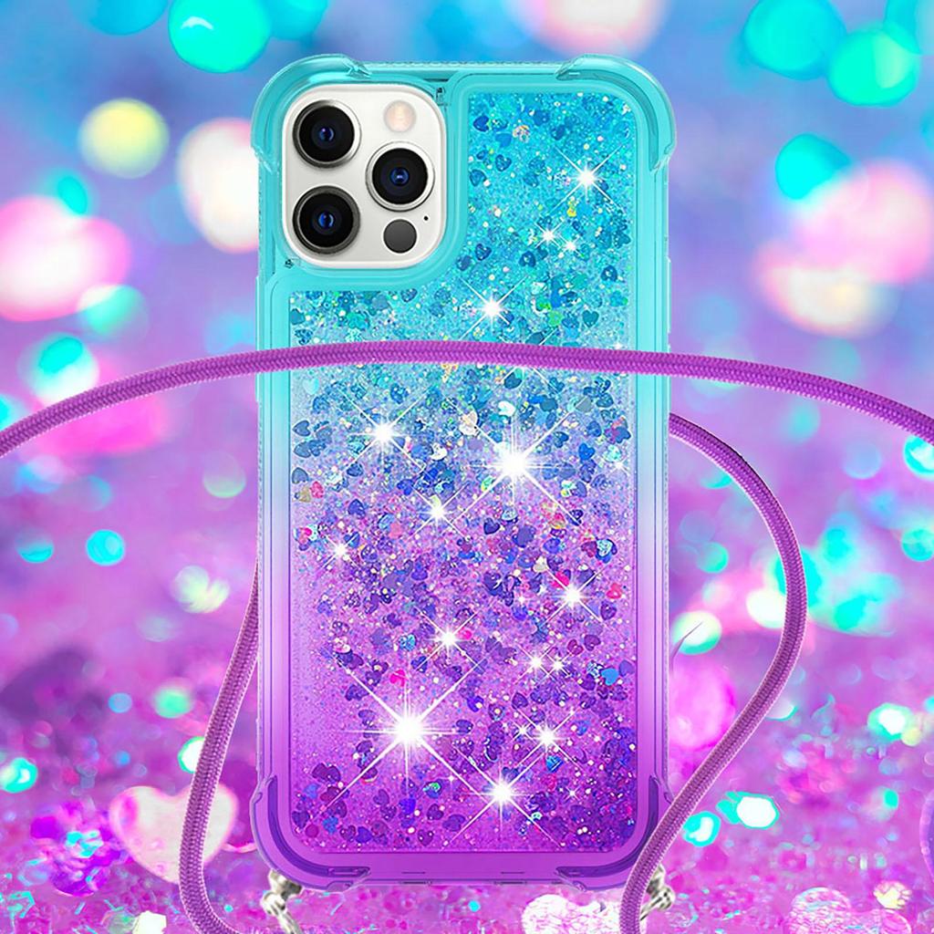 Плечевой ремень для девочек, прозрачный градиент, жидкий зыбучий песок, блестящие любовные блестки, чехол для телефона через плечо для iPhone, Samsung, Xiaomi, Huawei, силиконовый чехол-бампер