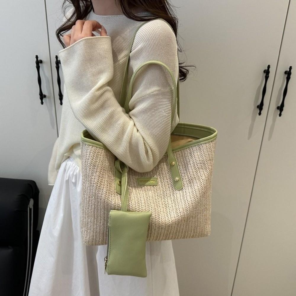 PU Weave Tote Bag Solid Color Beach Straw Handbag Simple Straw Shoulder Bag Women