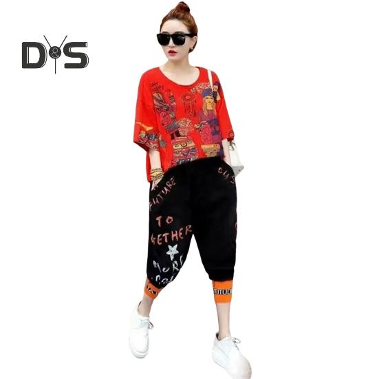 Женская футболка, комплект из 2 шт./компл., комплект брюк в стиле хип-хоп с принтом и V-образным вырезом, топ с короткими рукавами, укороченные брюки с ремешками на щиколотке, уличная одежда, дорожная повседневная одежда