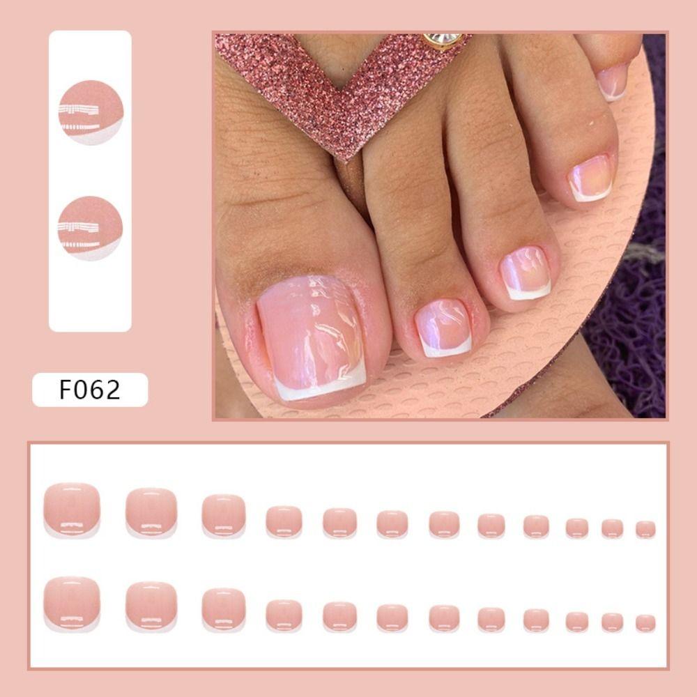 24pcs Foot Nails Tips Toe Nails Short French Full Cover Pink Gradient Fake Toenails