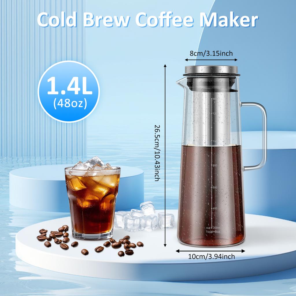 Coffee Pitcher Airtight Cold Brew Iced Coffee Maker and Tea Infuser 1400ml Glass Carafe with Removable Stainless Steel Filter