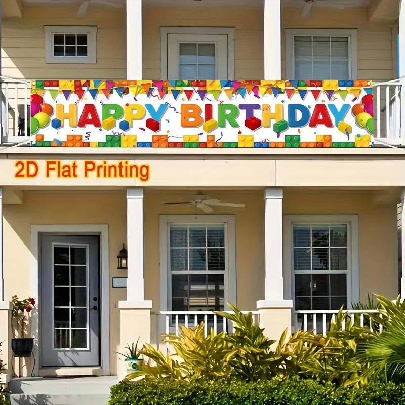 Happy Birthday Building Block Banner, Colorful Balloons & Confetti Design, Durable Polyester Outdoor Indoor Garden Porch Fence Decoration