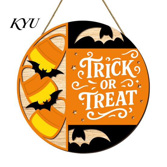 Bat Silhouette Ornament Halloween Trick or Treat Wooden Door Sign, Retro Round Atmosphere Prop Hanging Plaque for Home Front Wall & Party Decoration