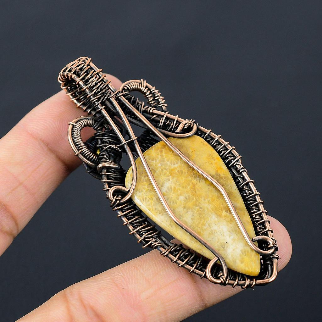 Fossil Coral Gemstone Pure Copper Wire Wrapped Handmade Pendant Jewelry For Gift