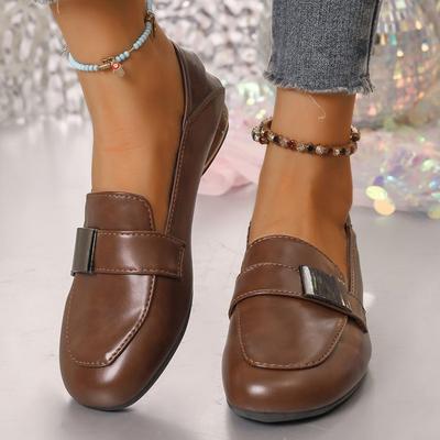 Мода 2025 Классические лоферы из искусственной кожи ПУ Женские Металлическая отделка Слипоны Туфли-балетки Женские Однотонные С круглым носком Повседневная обувь Женская