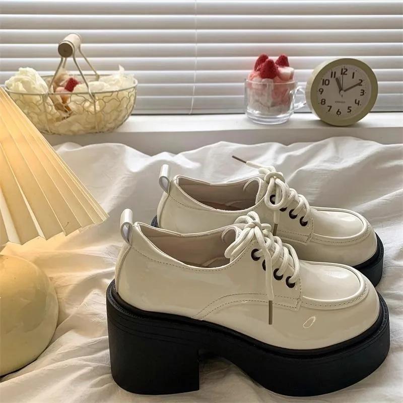 Туфли женские 2024 Лоферы женские на высоком каблуке на платформе Офисные и карьерные туфли-лодочки женские Шнуровка Круглый носок Туфли на толстом каблуке женские