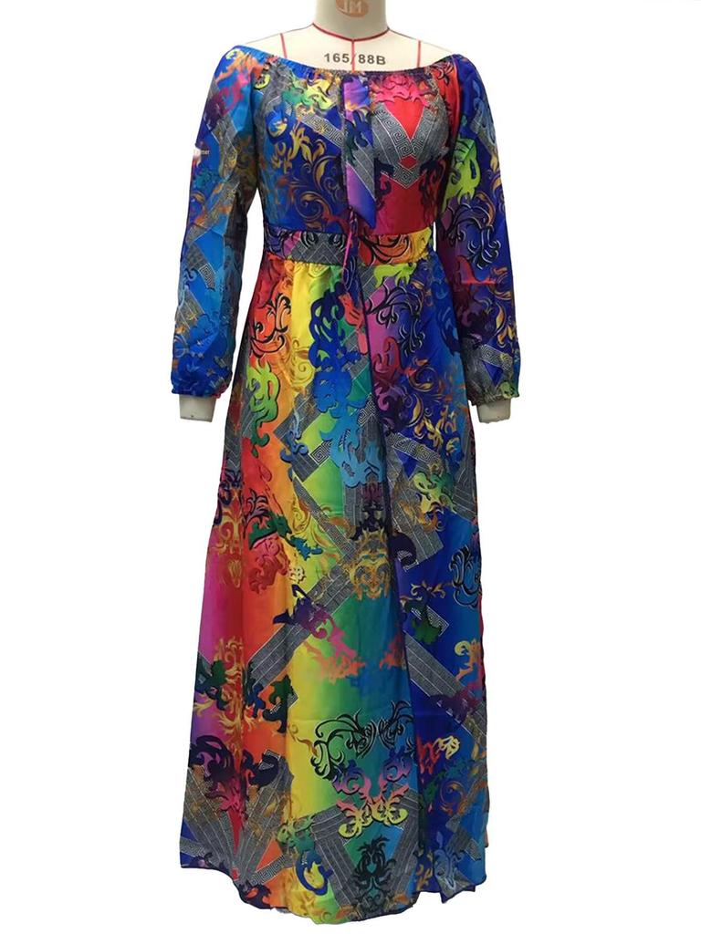 2025 V-Neck Retro Long Sleeve Printed Evening Dress - Spring/Summer Collection