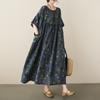 Plus Size Women Vintage Flower Oversized Cotton Dress Summer Loose Casual Round Neck Short Sleeve Elegant Bohemian Long Dress