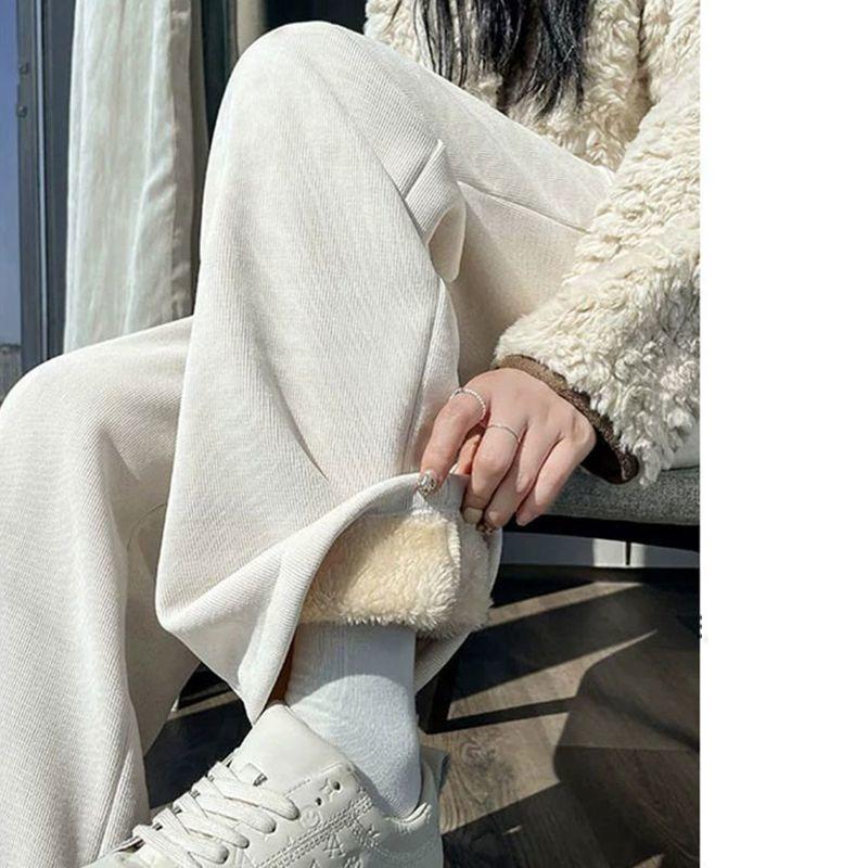 Осенние и зимние флисовые утолщенные женские брюки широкого кроя, свободные повседневные вельветовые брюки с завязками, однотонные простые прямые брюки, одежда 2052