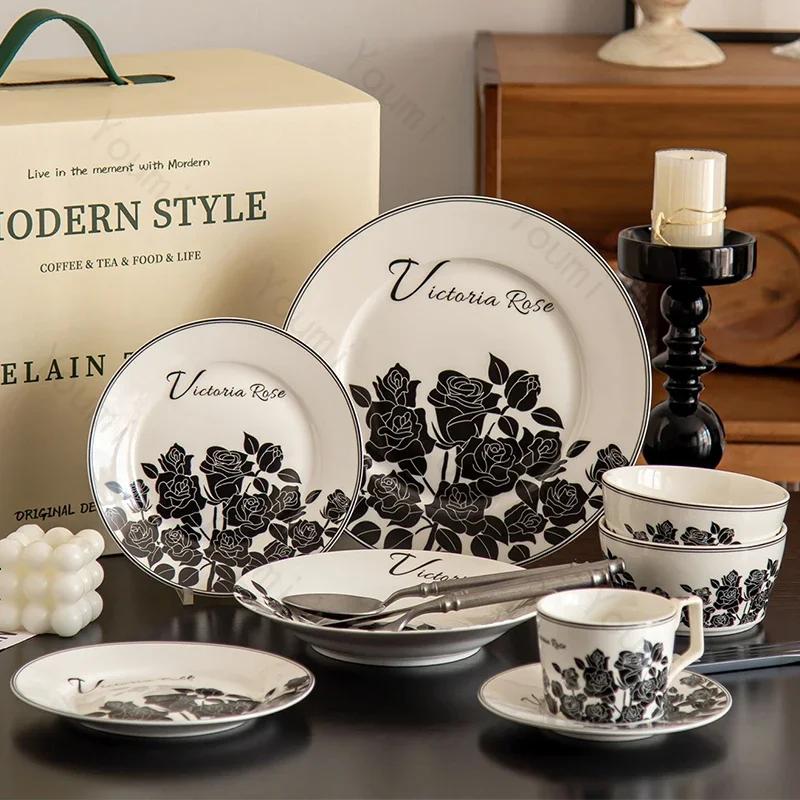 Retro Black Flowers Ceramic Plate High End Restaurant Steak Plate Home Delicious Dishes Salad Dining Plates Exquisite Tableware