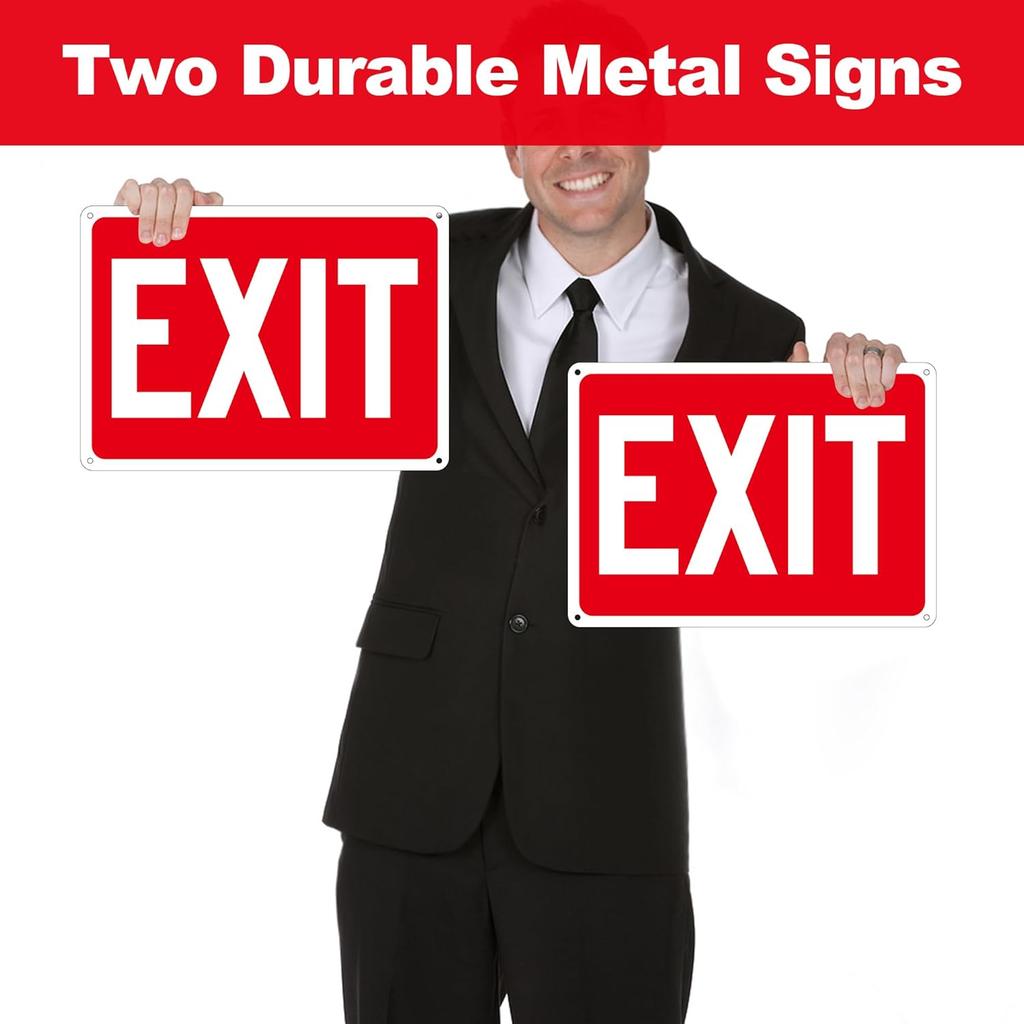 (2 Pack) Exit Signs, Aluminum Exit Sign with Red Background, Exit Signs for Door and Wall Mount - High Visibility Reflective Safety Sign, Easy to