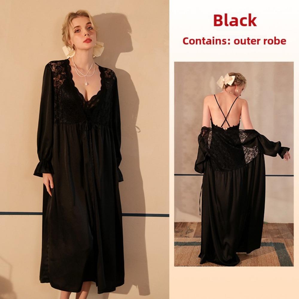 Satin Pajamas Women's Lace Light Luxury Long-sleeved Cool Nightgown Bathrobe Loungewear
