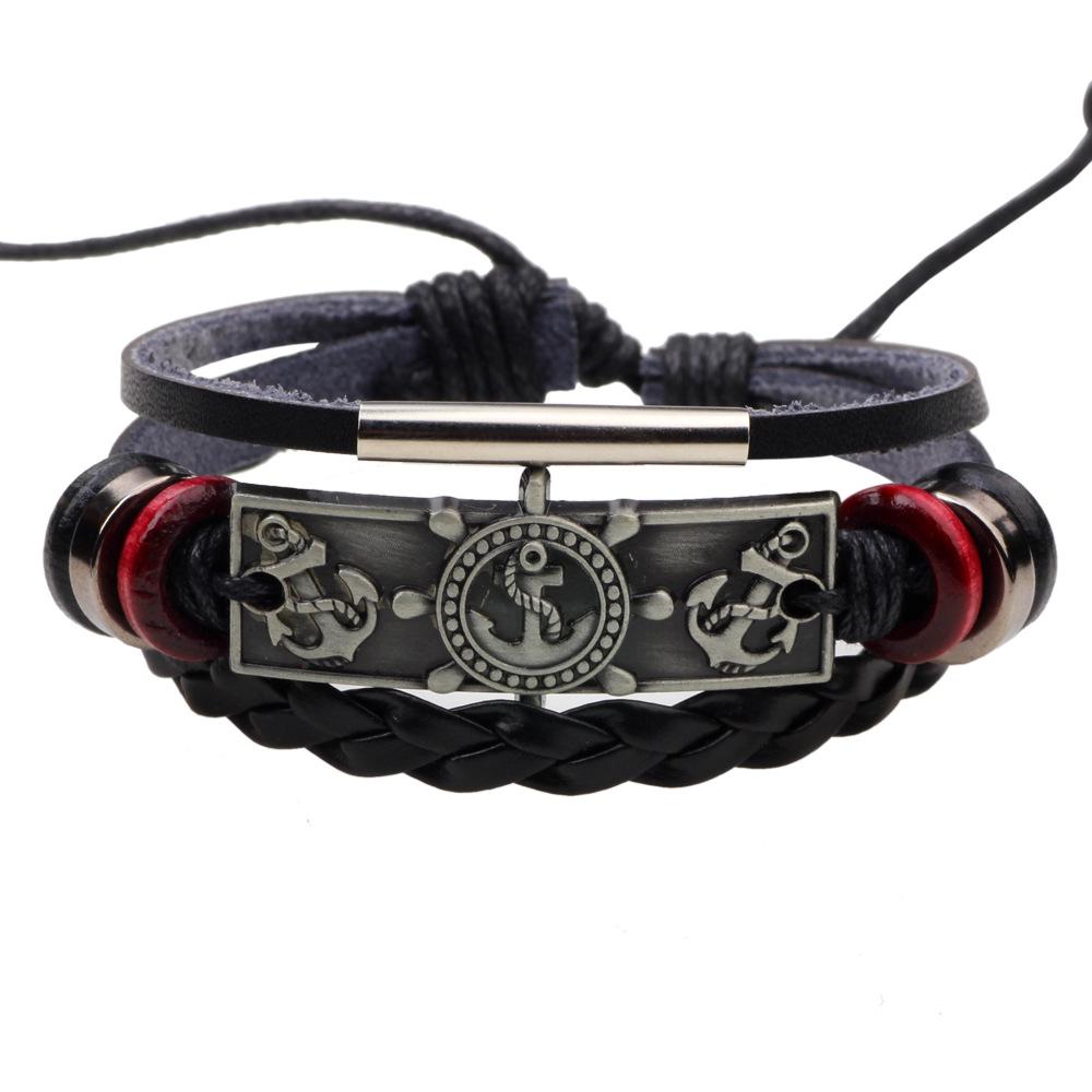JMXD Винтажный плетеный браслет из натуральной кожи с подвесками в виде якоря и штурвала, ретро мужской модный аксессуар, эффектный браслет