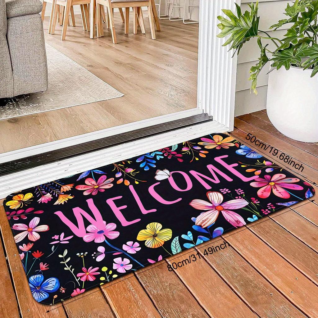 1Pcs Spring Flower Pattern Floor Mat Modern Kitchen Polyester Rug, Non-Slip Colorful Indoor Carpet, For Home Bathroom Bedroom Living Room Decor