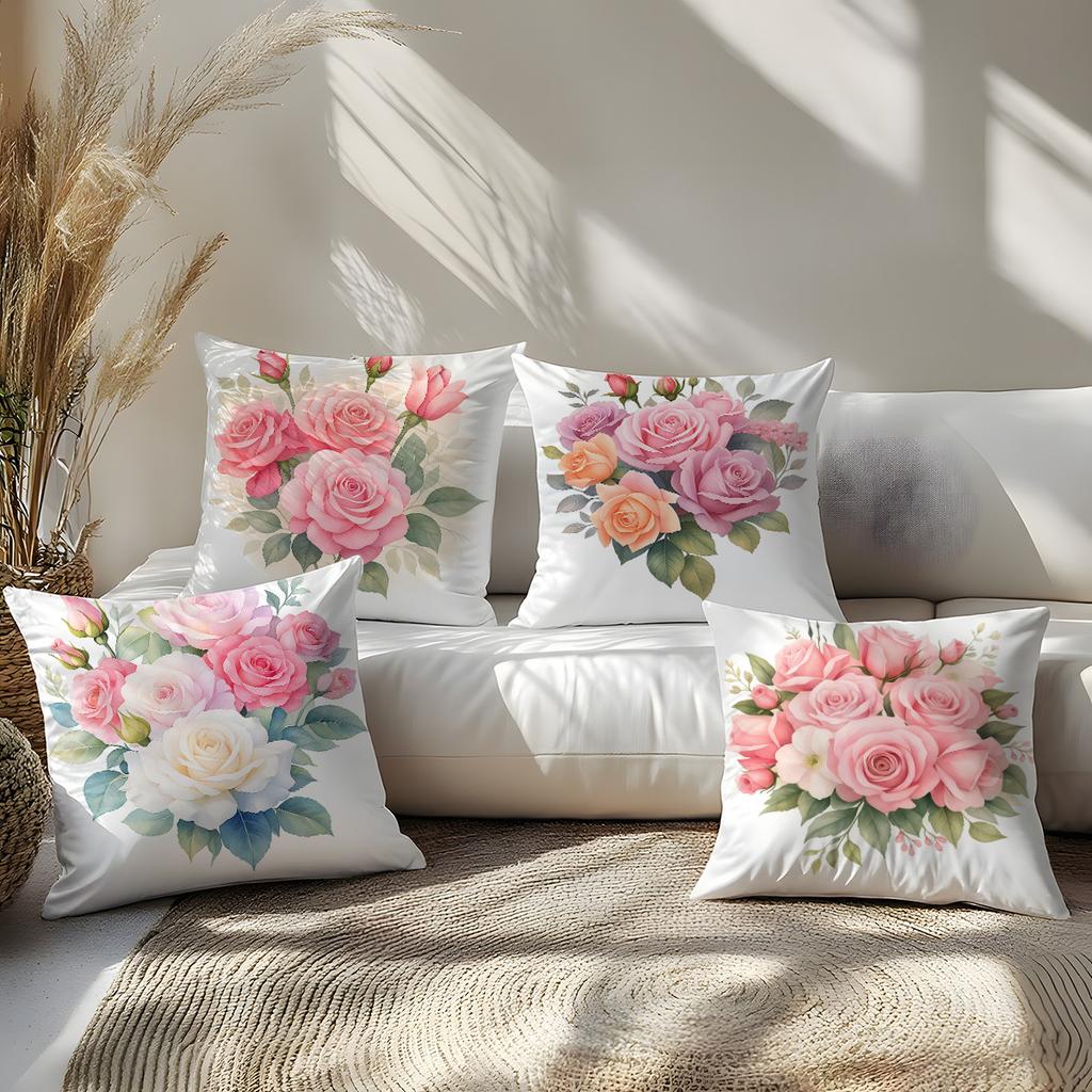 4Pcs Watercolor Pink Rose Throw Pillow Covers, Soft Blush Rose Bouquet Print Cushion Cases, Romantic Floral Home Decor