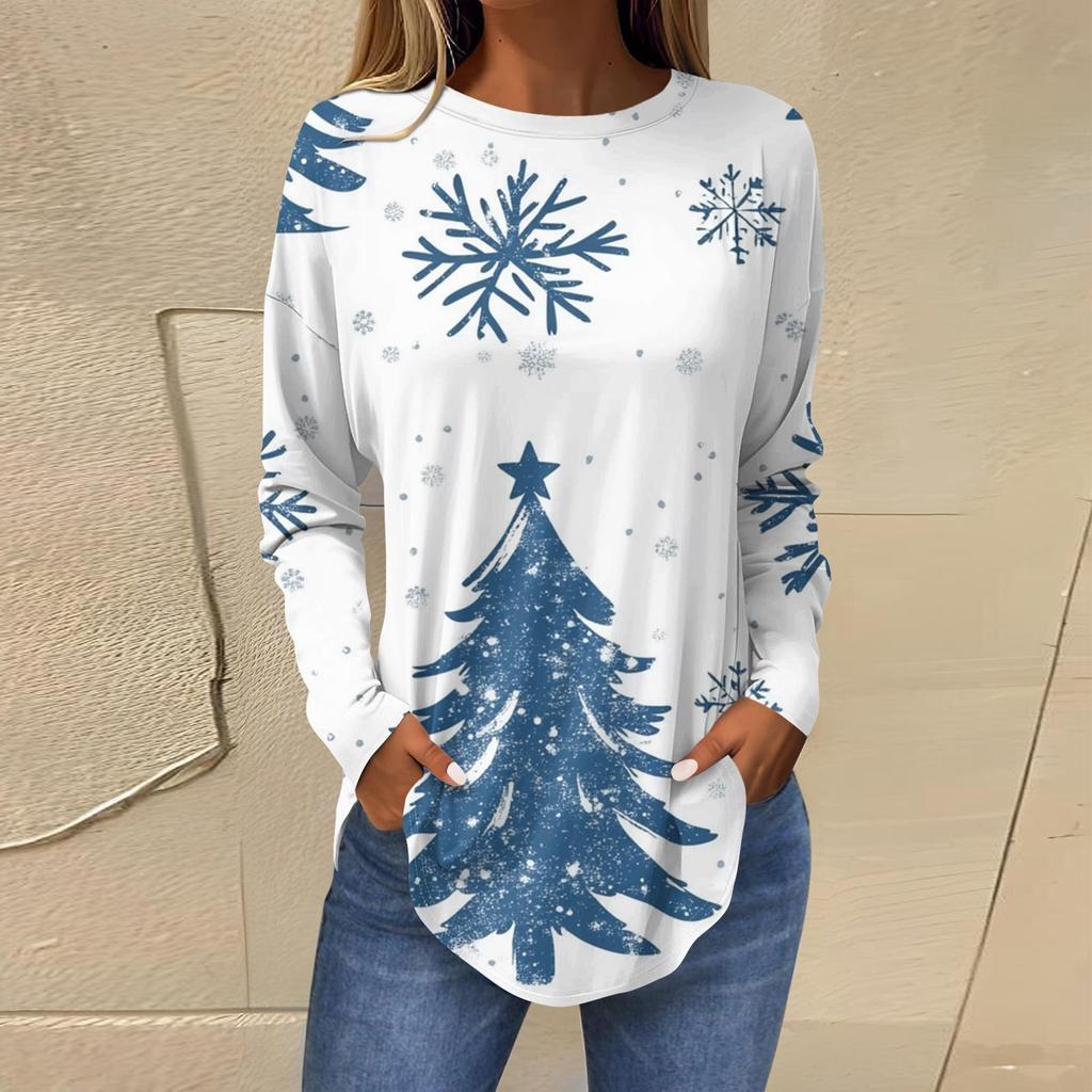Футболки для женщин, осенние повседневные рубашки с длинными рукавами, толстовка с ретро-принтом, топ для рождественской вечеринки, пуловер