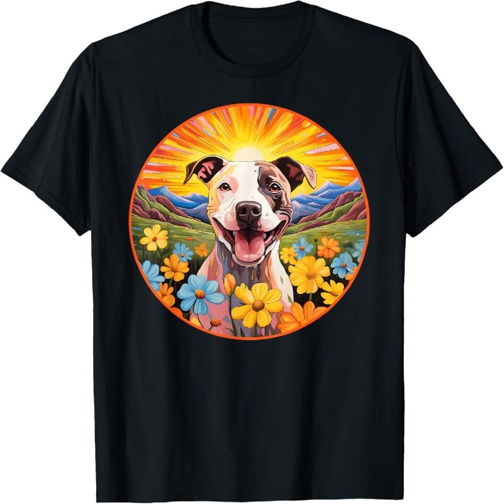 Cute Pitbull Colorful Flower Mountain Sunset Puppy Dog T-Shirt