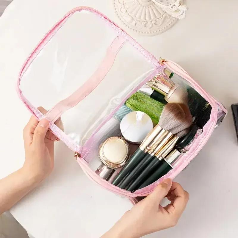 Transparent Mesh Cosmetic Bag Women Makeup Bag Double Zipper PVC Waterproof Makeup Pouch Toilet Wash Bag Large Tote Handbag