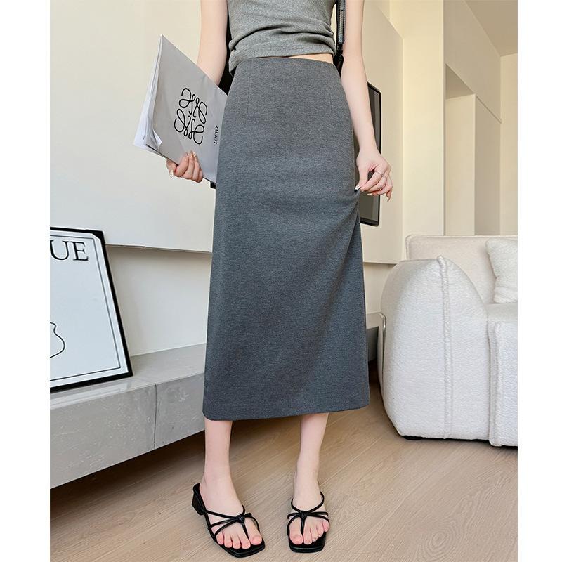 Юбка с разрезом на бедре Женская Весна и Лето Новая Драпирующаяся и Тонкая А-силуэта Юбка Высокая Талия Прямой Крой Средней и Длинной Длины