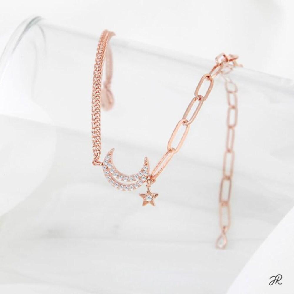 Crescent 14Kgp Rose Gold Star and Moon Double Chain Fashion Bracelet (10920225)