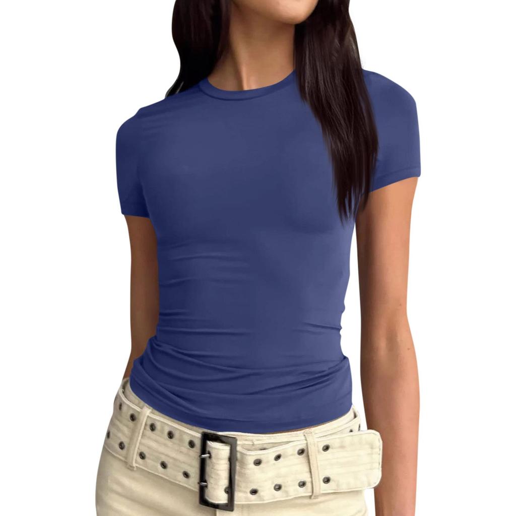 Women Short Sleeve Soild Sexy Cute Tee Slim Fit Tight Crop-Top T Shirt