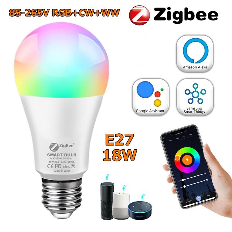 Zigbee 3.0 Умные светодиодные лампы E27 18 Вт 15 Вт 12 Вт RGB + WW + CW с регулировкой яркости и голосовым управлением через приложение для украшения спальни, гостиной