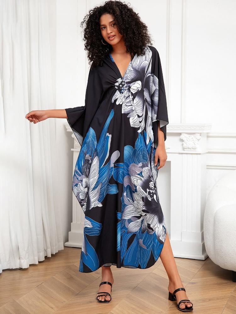 EDOLYNSA Универсальный синий женский халат-кафтан, легкая куртка, кафтан, халат, длинное платье для отпуска, хит продаж, наряд для отдыха Q1289