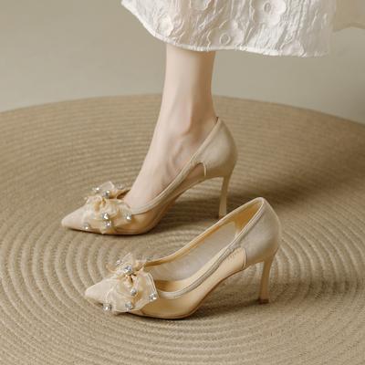 Сетчатые туфли-лодочки на тонком каблуке, женские летние 2025 новые с бантом на юбке, нежные, в сказочном стиле, с мелкой сеткой, с открытым вырезом, на высоком каблуке