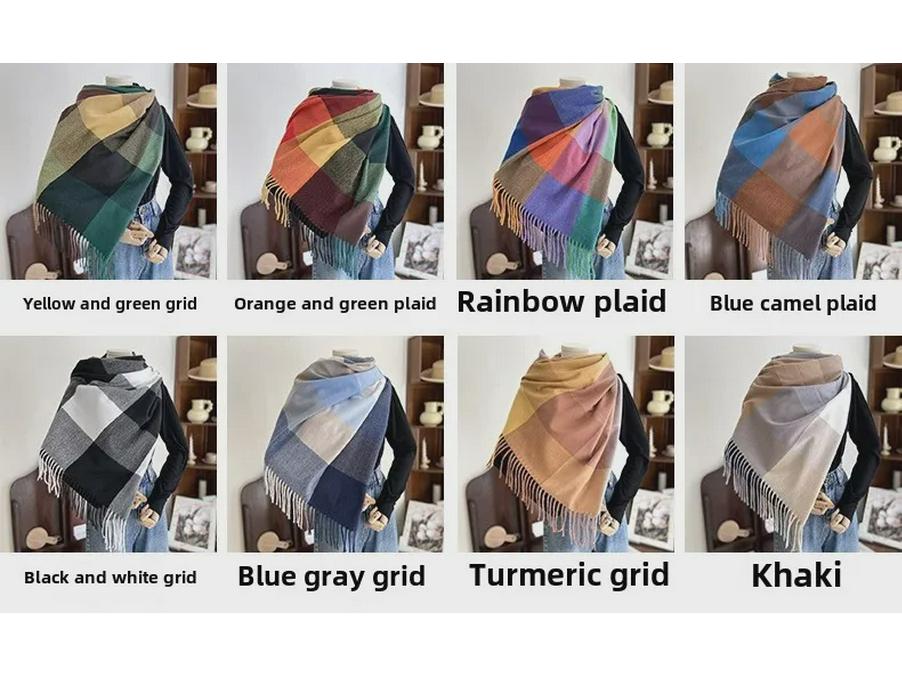 Women's Autumn/Winter 2022 Warm Imitation Cashmere Plaid Scarf Shawl - Korean Style
