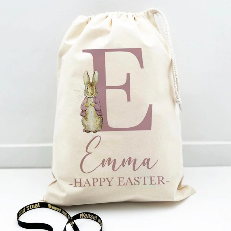 Personalised Initial Name Pink Blue Easter Bunny Rabbit Gift Bag Happy Easter Party Decoration Kid Boy Girl Egg Hunt Gift Bucket