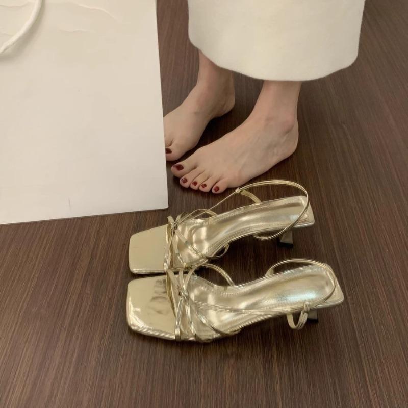 Fashion 2025 New Elegant French Summer High Heels Nude Pink Cat Heel Square Head Vintage Roman Sandals Rubber Sole Microfiber Materia