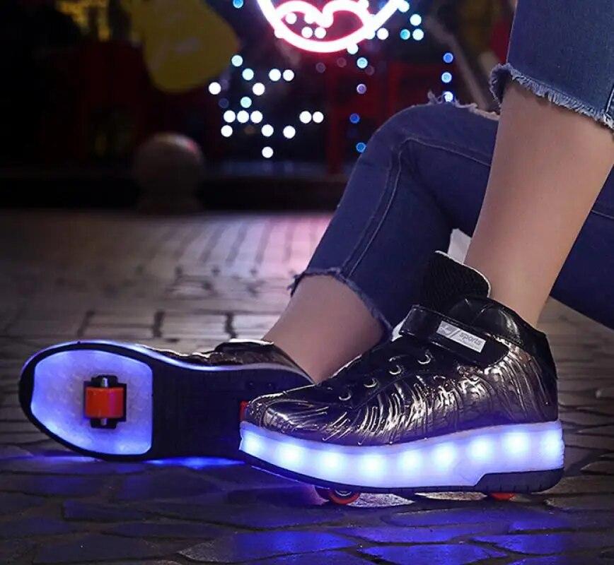 Детская обувь для роликовых коньков, светодиодный мигающий свет, 2 колеса, кроссовки для катания на коньках, летающая обувь, перезаряжаемая мульти-световая дышащая обувь для мальчиков и девочек
