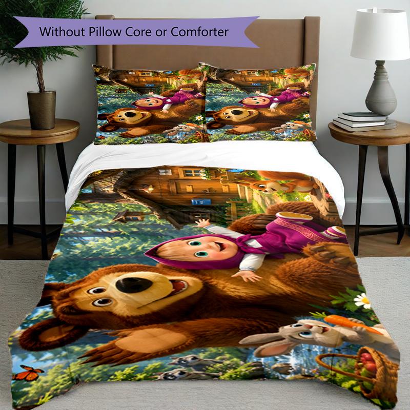 3pcs Duvet Cover Set (1*Duvet Cover + 2*Pillowcase, Without Core),Masha and The Bear Print Bedding Set, Bedroom Decor, All‑Season, Birthday Gift