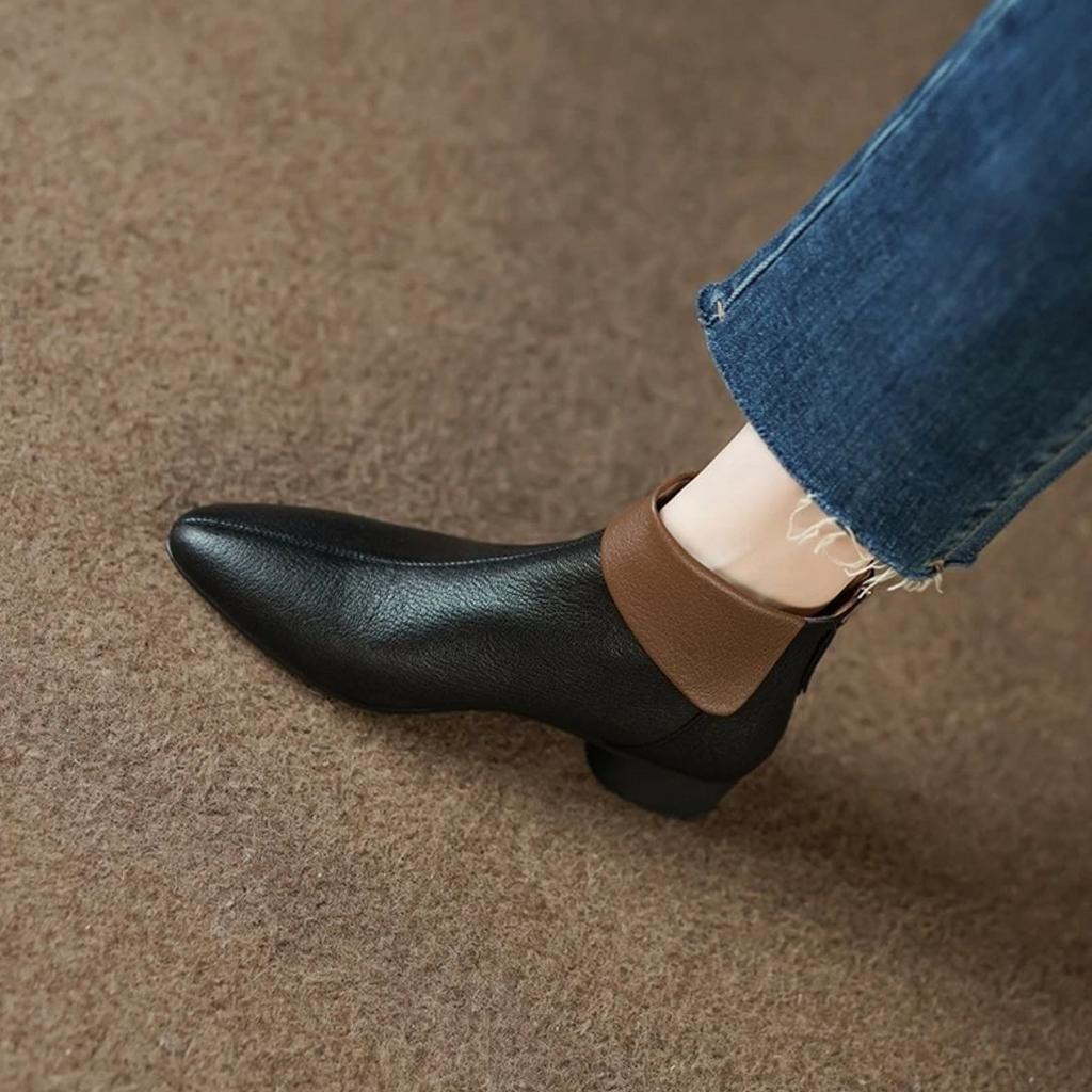 Осень Зима Кожаные Женские Короткие Ботинки с Острым Носком Элегантные на Низком Каблуке Женские Ботильоны Высокого Качества Тренд Ботильоны