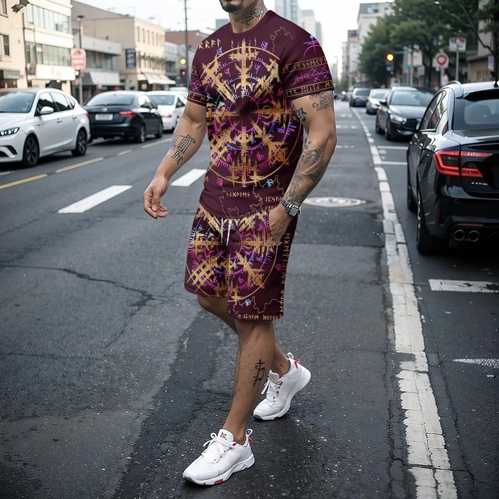 Летний мужской спортивный комплект для отдыха с 3D свободной уличной футболкой с короткими рукавами в стиле ретро + шорты, комплект из 2 предметов для мужчин