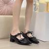 Bow Inside Heightened Baotou Cool Drag Women's Pointed Toe Shallow Mouth One Strap Mary Jane Square Heel Slippers