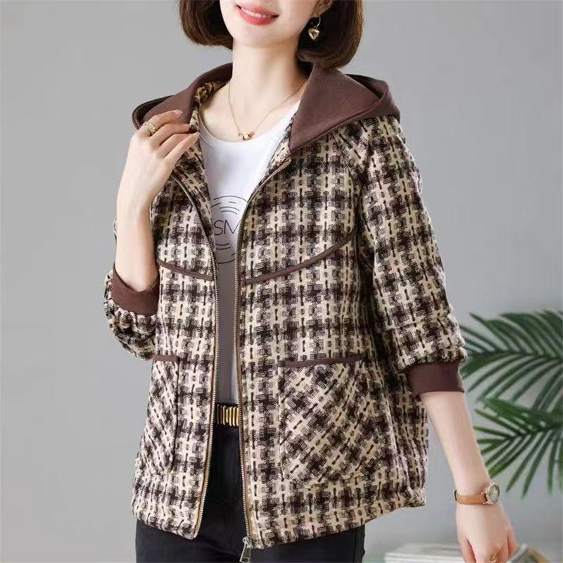 Chic Spring Hooded Checkered Coat Women Short Jacket Middle Aged Mom Fashion Casual Outerwear