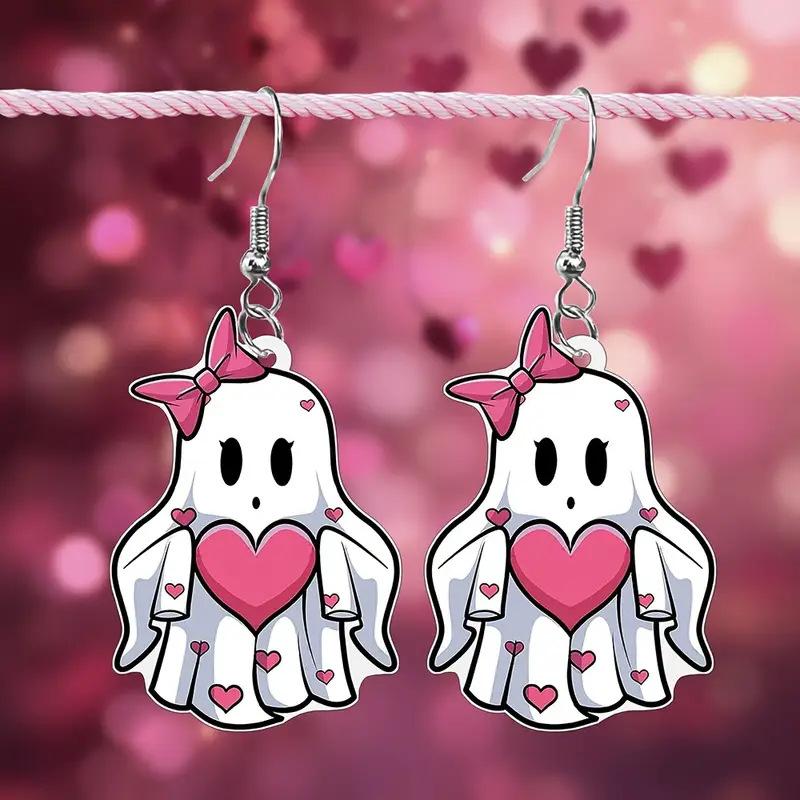 Cross Border Cute Charming Heart Bow Ghost Earrings Valentine's Day Acrylic Halloween Ghost Earrings