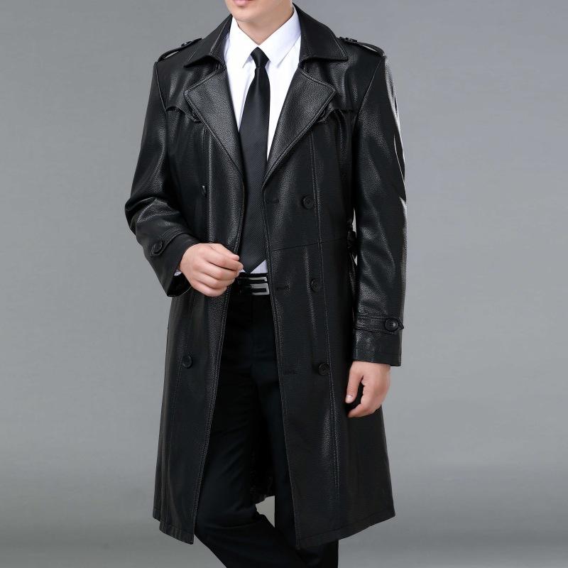 Autumn and Winter Men's Genuine Leather Coats Plus Velvet Long Knee-length Sheepskin Windbreaker Coat Middle-aged Men's Leather Coat