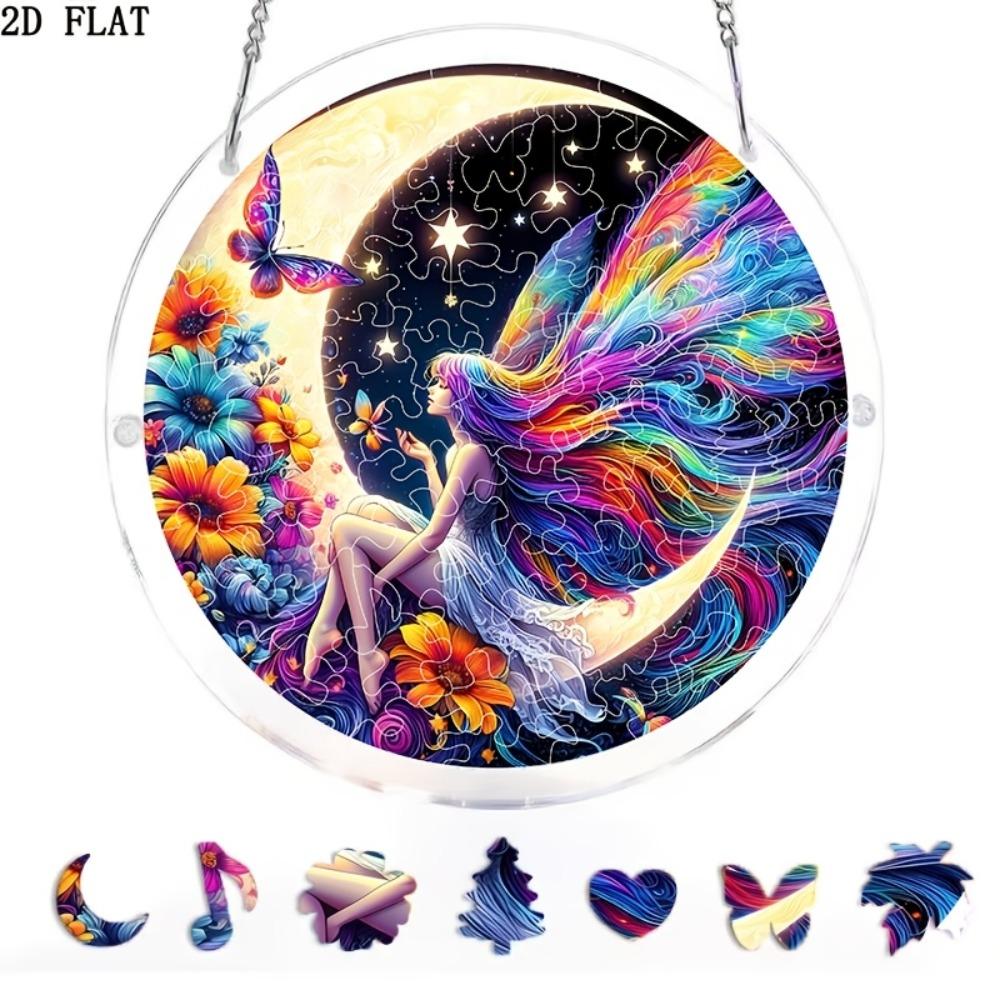 2D Flat, 2D Flat - Acrylic Puzzle Moon Fairy Window Hanging Sun Catcher, 2D Flat Colored Glass Effect Decorative Ornament, Suitable for Home, Window,