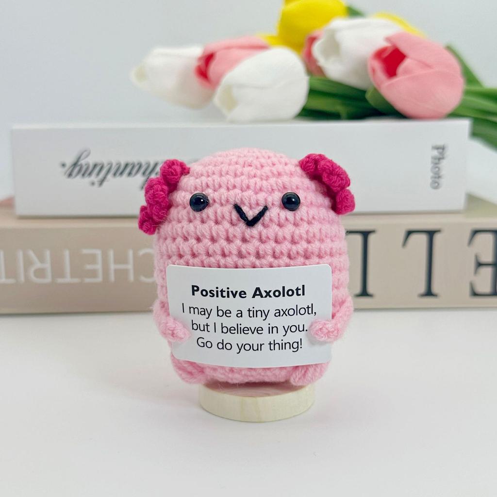 New Positive Crochet Headset Potato Doll with Card for Cheer Up Gifts and Party Decor Handmade Knitted Pencil Doll Desk Ornament