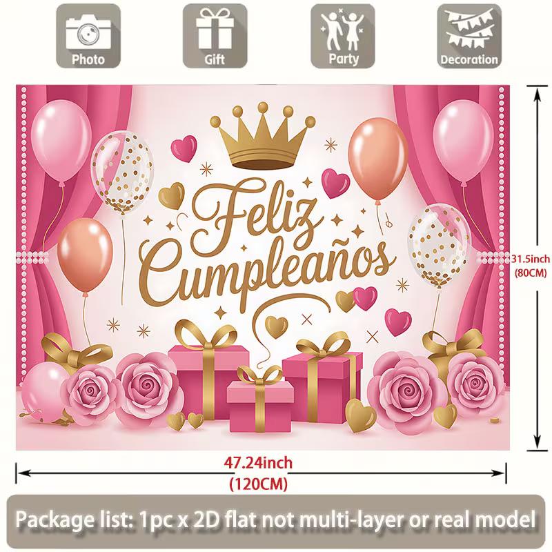 2D Pink Gold Crown Feliz Cumpleaños Backdrop for Princess Birthday Party