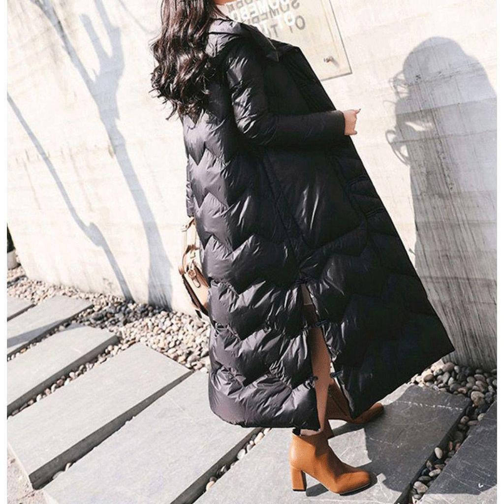 Women's Extra Long Retro Coat with Frog Button - New Version In White Duck Down, Chinese Ethnic Style