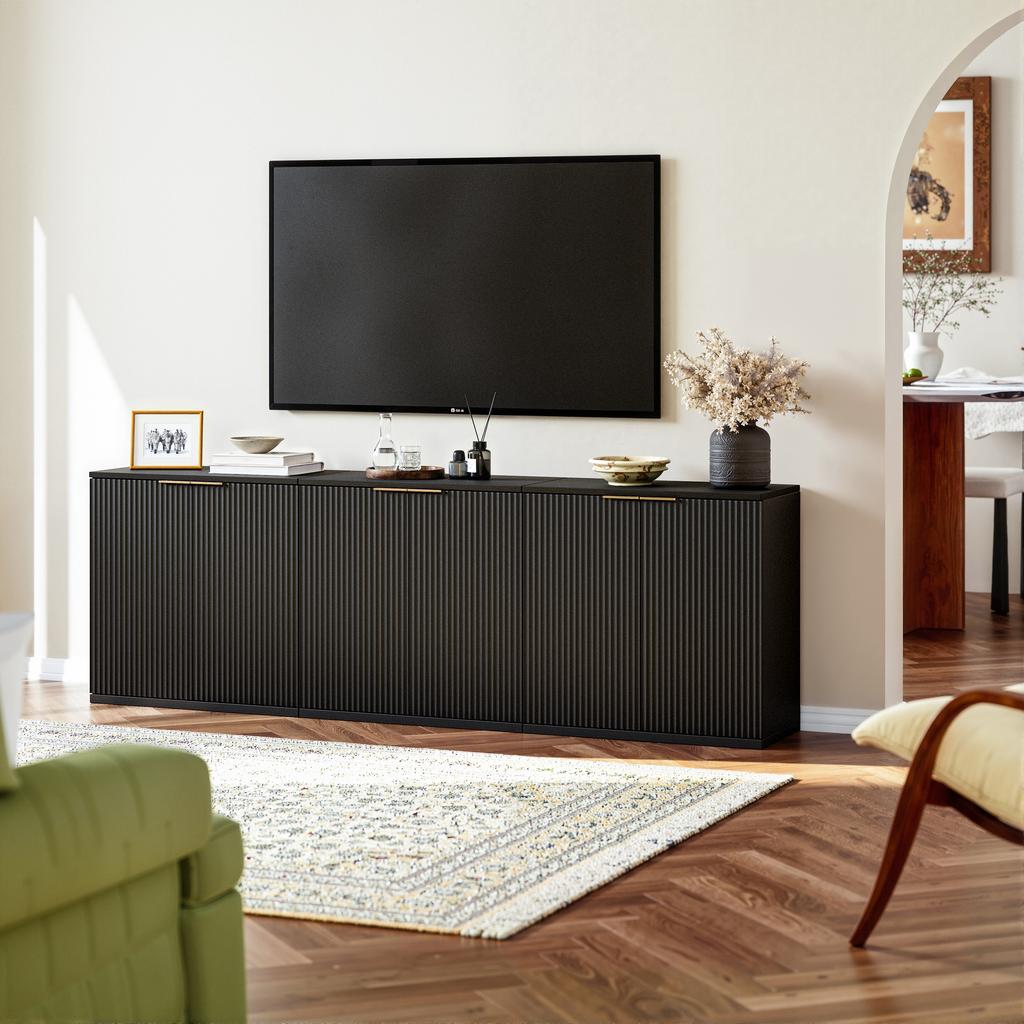 Modern Storage Cabinet with Fluted Front and Metal Handle, Sideboard Cabinet for Living Room & Bedroom, Natural Light Wood Decor, Black, 60x30x70 cm